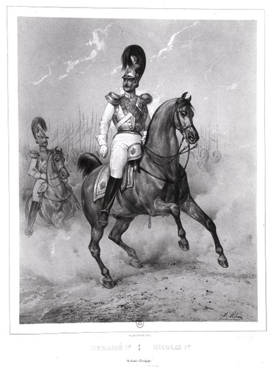 Retrato de Nicolás I Pavlovich a caballo con su ejército de Victor Adam